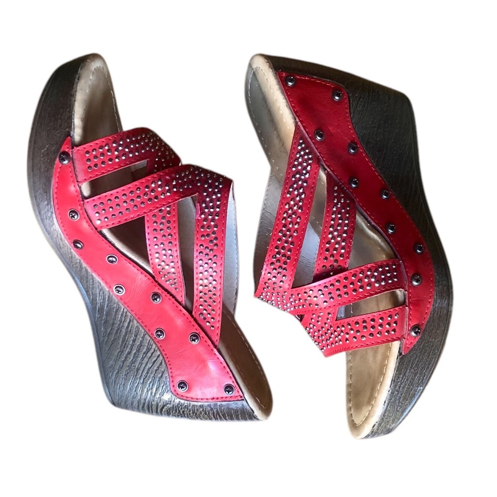 Patrizia by Spring Step red studded Aristocrat wedge sandals, size 7.5 or 38